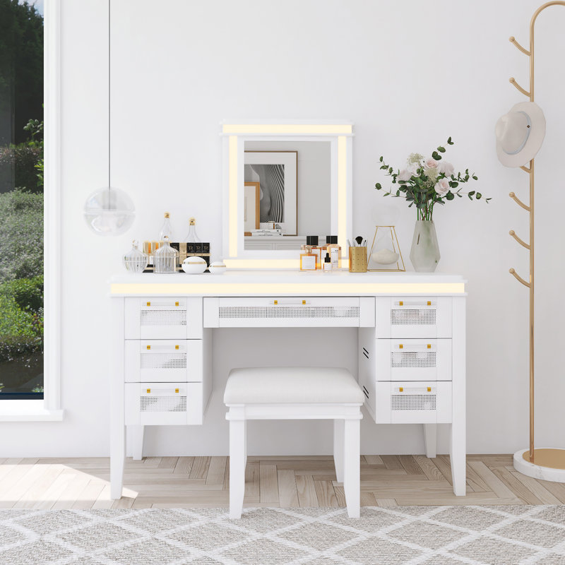 Coiffeuse de maquillage moderne moderne 48 "avec miroir et lumières et tabouret rembourré