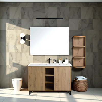 Meuble-lavabo autoportant de 48 pouces avec deux lavabos et tablettes de rangement à fermeture en douceur en faux chêne