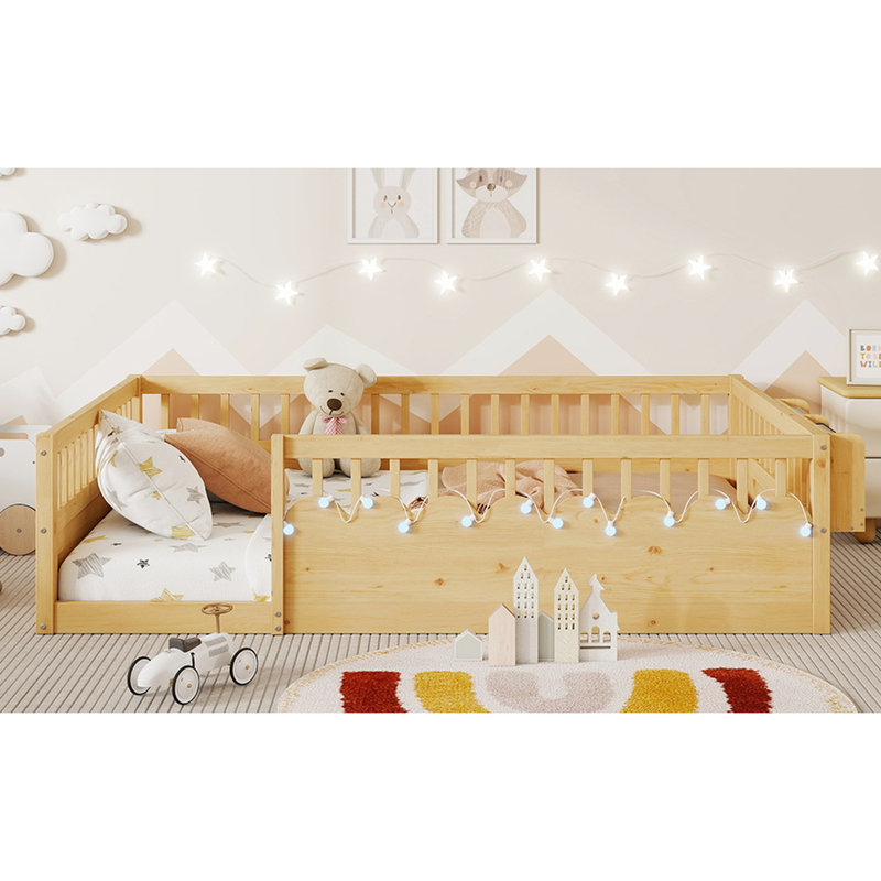 Full Floor Bed Frame, High Rails, Natural Wood With And Storage, Supports Learning Bed, Led Low Profile For Autonomy, Full