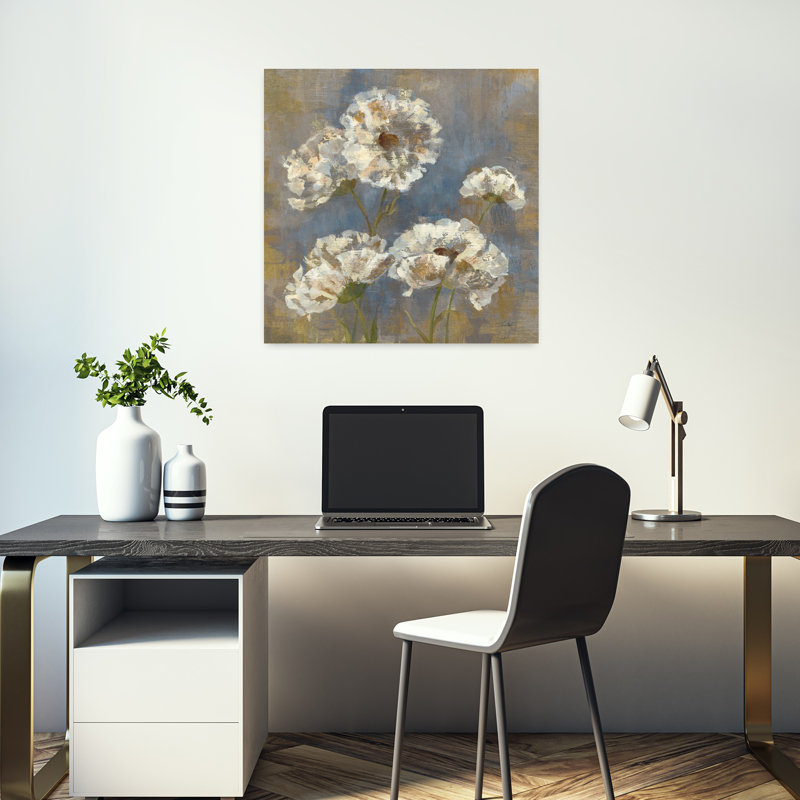 Contemporary Flowers In Morning Dew I With Beige Bloom Art, 18" H x 18" W