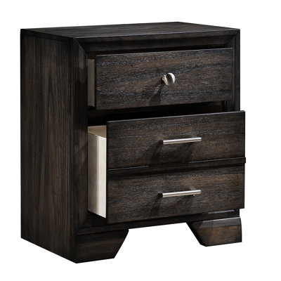 Table de chevet en bois massif gris foncé avec 3 tiroirs, tiroirs à glissière en métal lisse et moderne