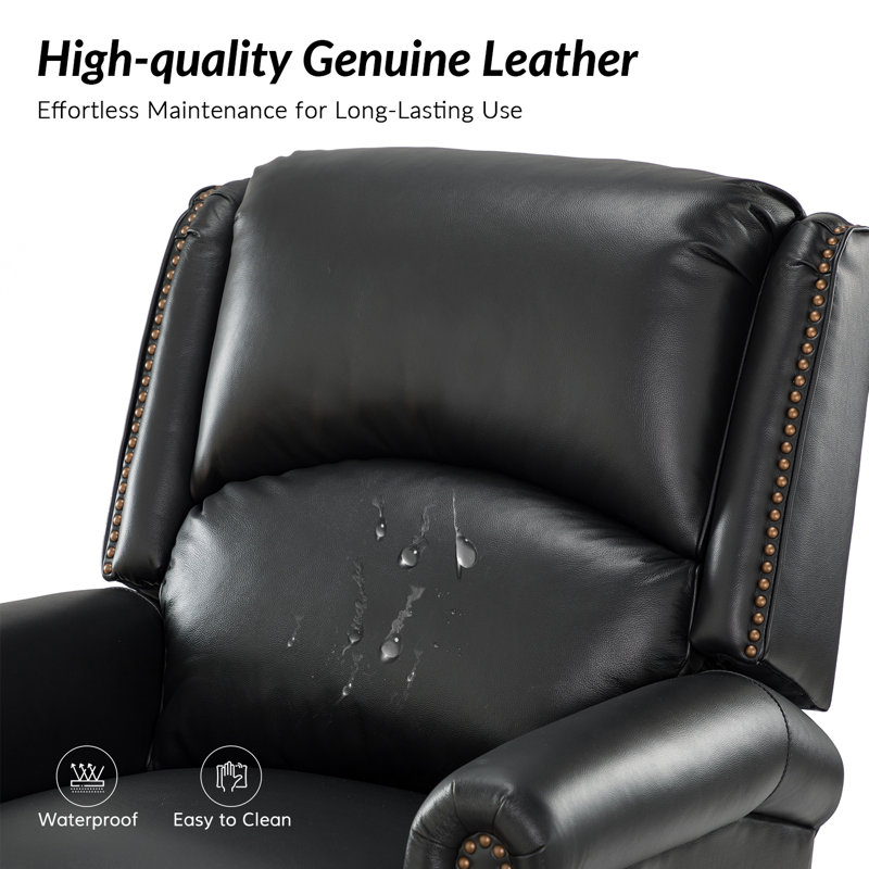 Fauteuil inclinable manuel berçant en cuir véritable avec accoudoirs roulés de 32,67 po de large Rimini, Cuir véritable noir