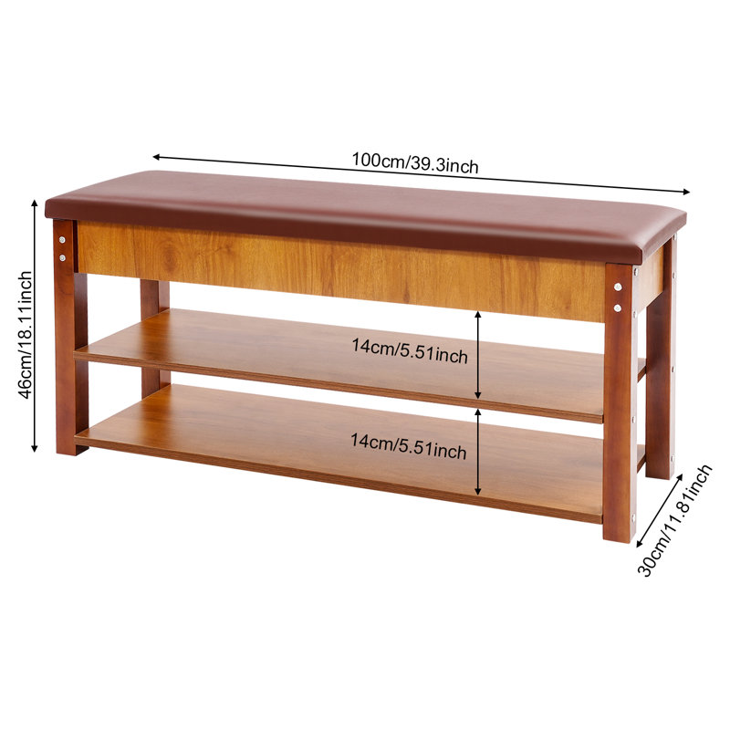 39.37" W x 11.81" D x 18.11" H Upholstered Shoe Bench for Entryway, 2-Tier Solid Wood Shoe Rack with PU Leather Seat, Pine Color