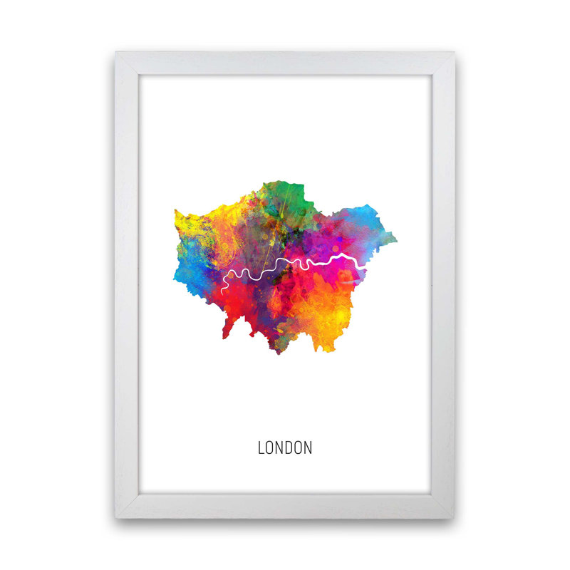 London Watercolour Map by Michael Tompsett - 1 Piece Wall Art, 63cm H x 46cm W x 3cm D, White Framed