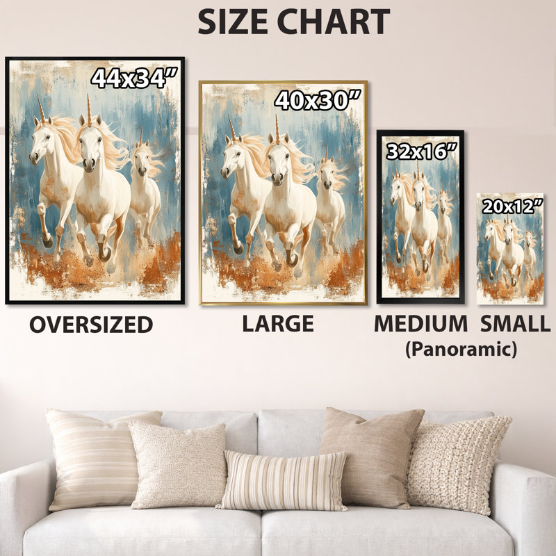 Trio de licornes au galop - Affiche encadrée de licornes, H 32 po x l 24 po, Cadre photo blanc