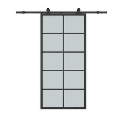 36 po X 84 po Porte de grange coulissante intérieure en verre noir givré 10-Lite avec trousse de quincaillerie