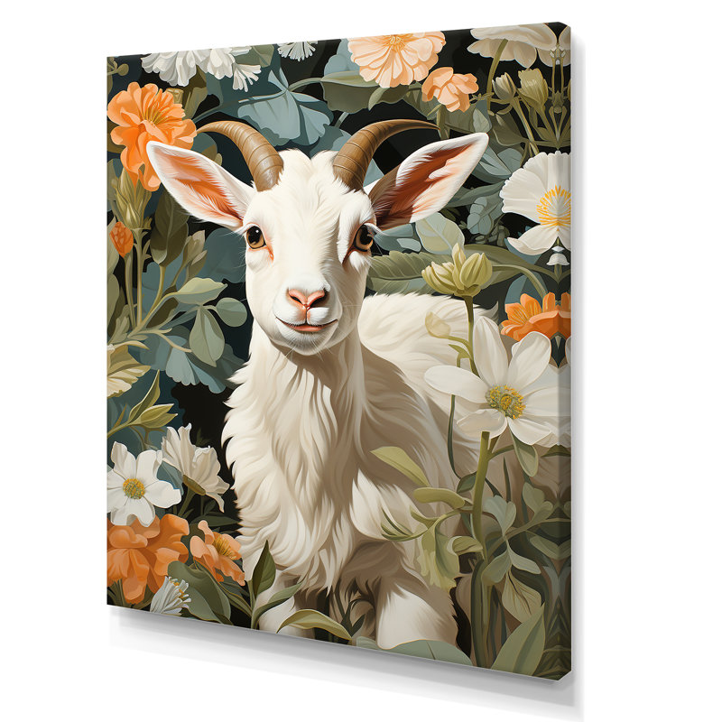 Portrait de chèvre blanche avec fleur d'été - Chèvre, art mural, Toile tendue, H 32 po x l 24 po x P 1 po