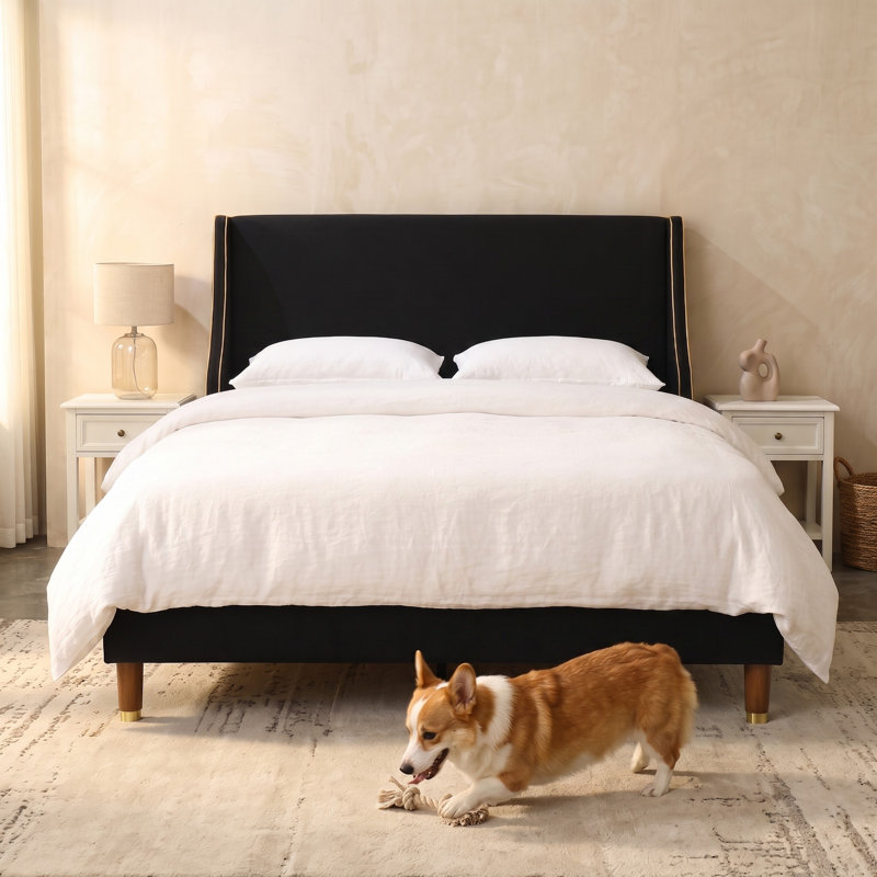 Melaya Wingback Upholstered Platform Bed Frame, Queen, Black
