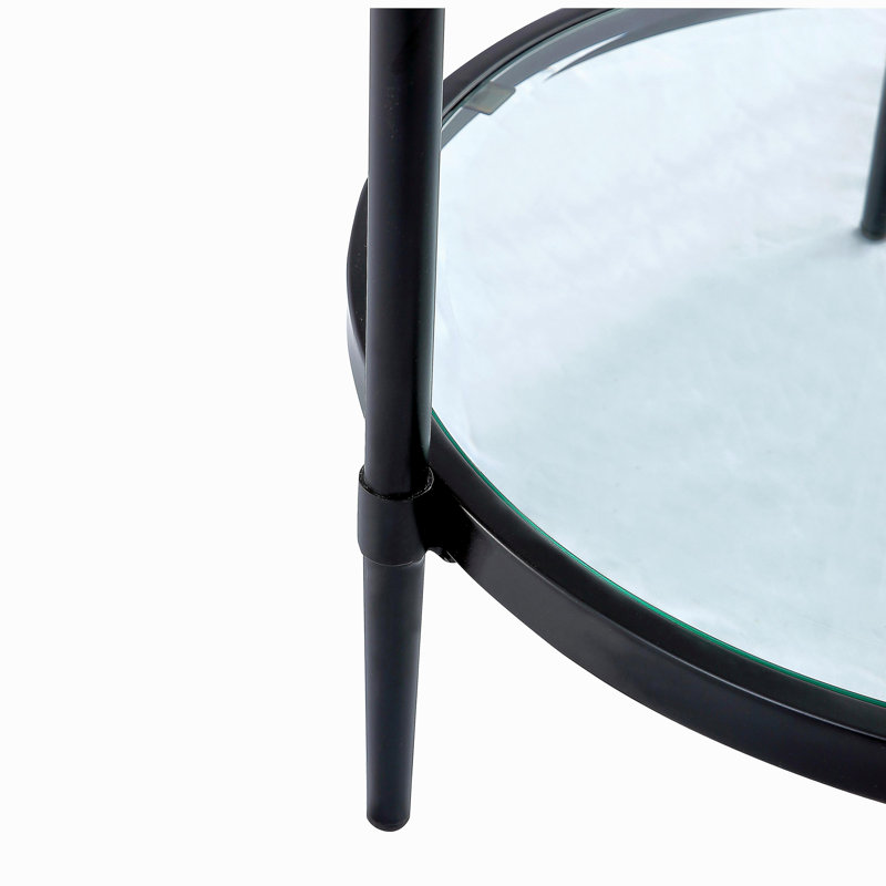 Table basse élégante et minimaliste, verre trempé transparent et cadre industriel noir mat