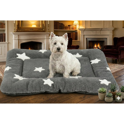 Kennel Pad for Small Dogs, Machine-Washable Crate Bed Featuring Decorative Star Pattern, Ultra-Soft Flat Puppy and Kitten Resting Cushion with Non-Slip Base, Gray Shade, Dimensions 24 by 18 Inches