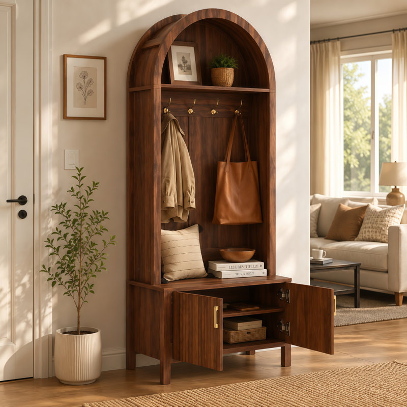 Arbre d'entrée avec banc, 4 crochets et armoire de rangement cannelée, Walnut