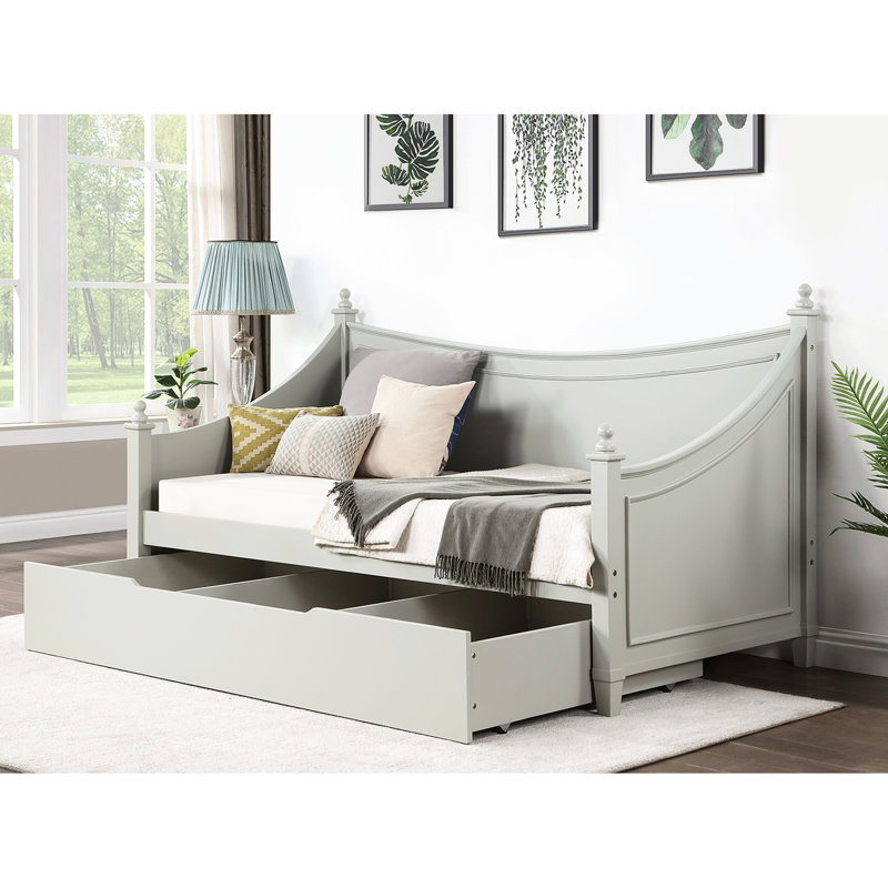 Lit de jour simple gris avec caractéristiques transitionnelles, moulures, style affiche avec embouts, bois massif et bois d'ingénierie pour solution de rangement supplémentaire, coussins décoratifs