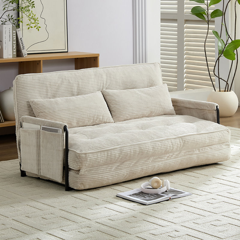 2-in-1 Convertible Loveseat Recliner & Floor Sofa Bed - 6-position Adjustable Backrest (90°-180°), Tufted Corded Fabric With Side Pockets, Space-saving 53.9" Multi-functional Chaise Lounge