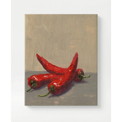 'Red Chili Peppers Still Life' Wrapped Canvas Print, Textured Impasto Red Peppers Kitchen Wall Art