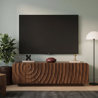 58" TV Stand For Living Room, Modern Storage TV Console With 2 Drawers & Cabinet Doors, Wood Entertainment Center With Unique Wave Design, Black/White/Walnut