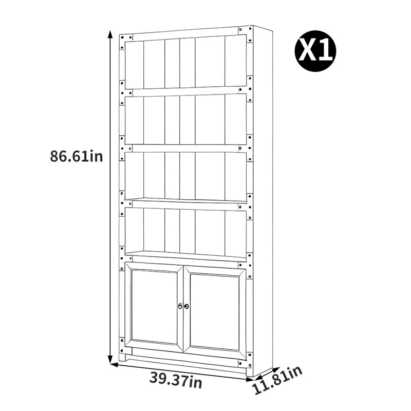 Bibliothèque américaine en bois massif vieilli American Style, (4 tablettes) H 73,62 po x l 39,37 po x P 11,81 po
