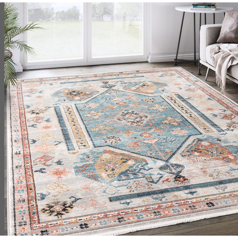Tapis oriental beige / turquoise Etto, Rectangle 6 pi x 9 pi