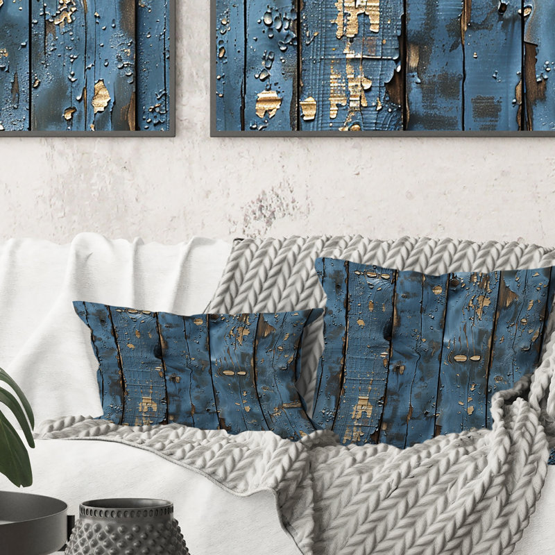 WeatheWood I - Farmhouse Throw Pillow, Blue/Gold, 16"H x16"H