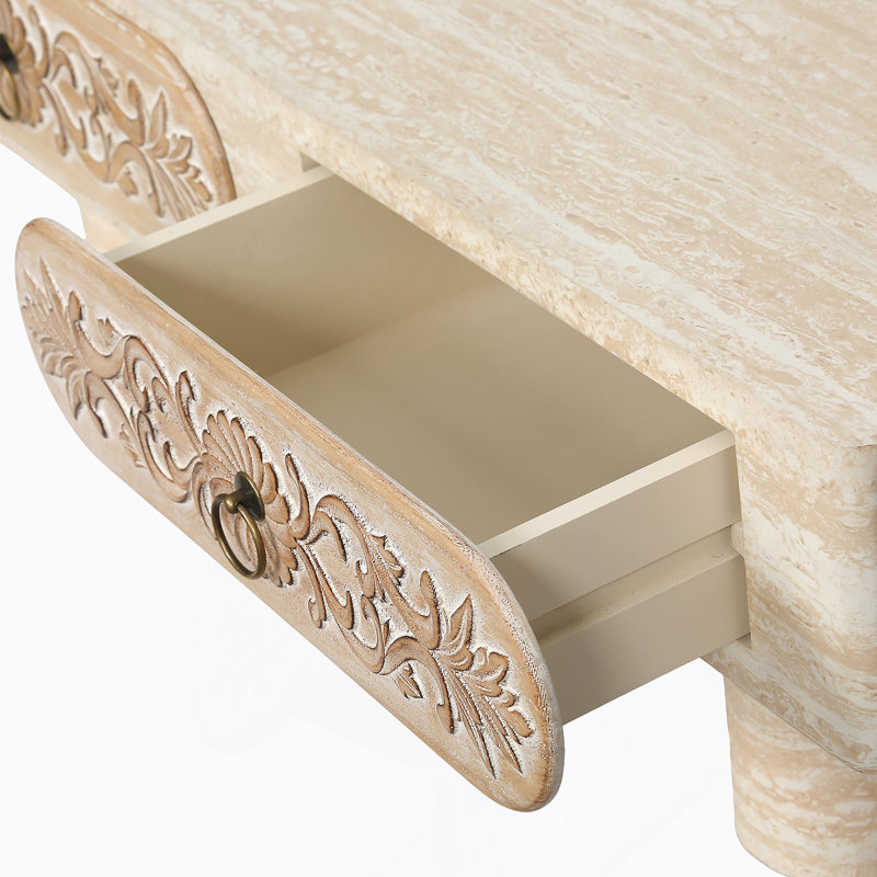 Table basse à bord arrondi avec tiroir en bois massif à motif floral, parfaite pour le salon et le bureau