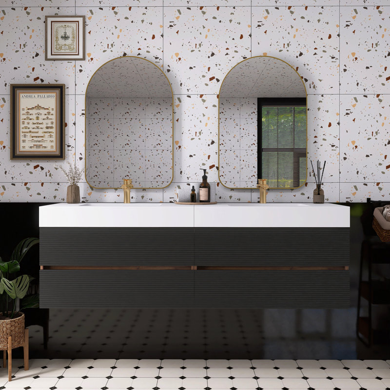 Meuble-lavabo en noyer avec lavabo à surface solide blanc brillant