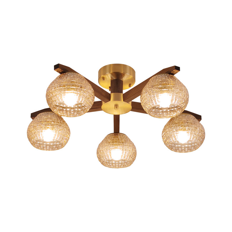 Plafonnier 5 lumières en verre ambré noyer