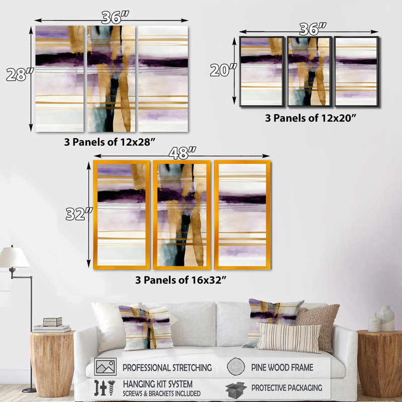 Abstrait géométrique mauve et doré - impression sur toile 3 pièces, H 32 po x l 48 po x P 1 po, Toile tendue