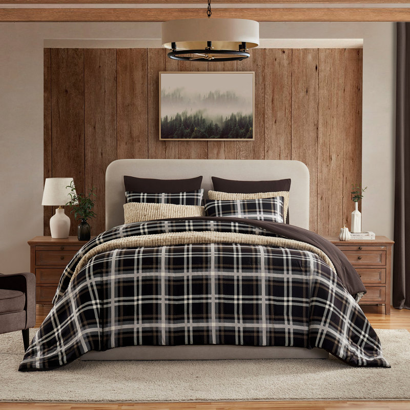Merveilleux ensemble d'édredon en faux cachemire à motif géométrique écossais classique avec texture à chevrons, Marron foncé