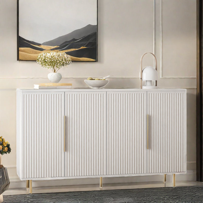 Buffet Ayka avec tablettes réglables et panneau cannelé à 4 portes, Blanc