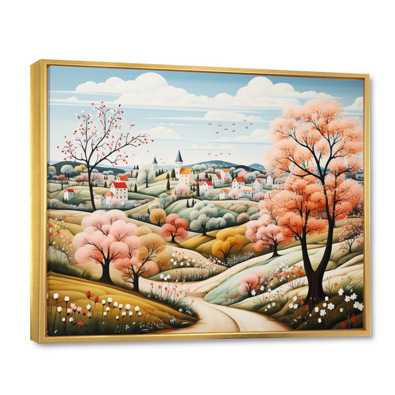 «Countryside Early Spring Landscape II», reproduction sur toile, H 16 po x l 32 po x P 1 po, Cadre flottant doré