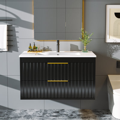 30" Floating Wall Mount Single Bathroom Vanity with Ceramic Sink Top