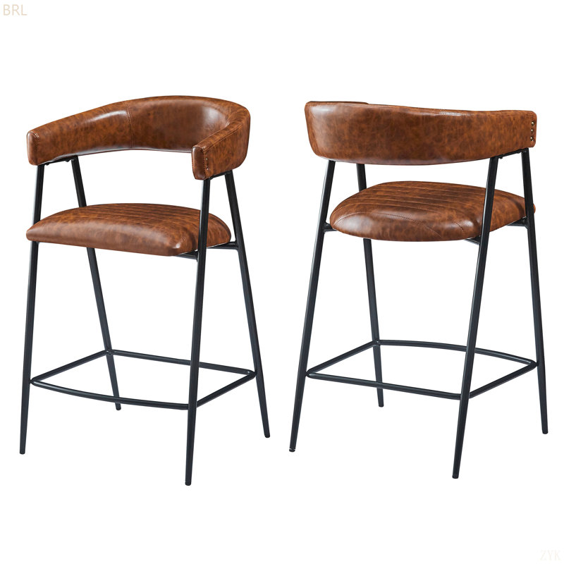 Ensemble de 2 tabourets de comptoir de 26 po, tabourets de comptoir revêtus de polyuréthane avec structure en fer, dossier, repose-pieds, tabourets de comptoir avec accoudoirs pour bar personnel, comptoir de cuisine, brun