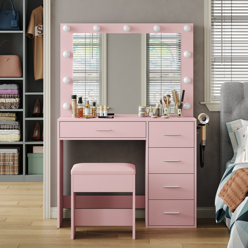 Makeup Vanity With Power Outlet ,Vanity Desk With Mirror And Lights, 3 Lighting Modes,5 Drawers Vanity Table With Chair, Pink