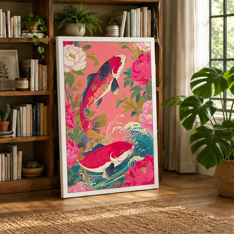 Koi Among Peonies Japandi - Print, 24x16 - 61.0 x 40.6 cm, Cream Border