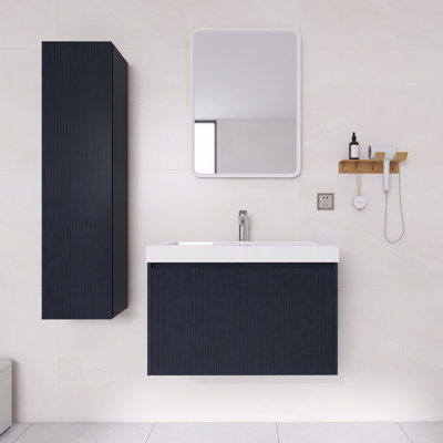 Ensemble de meuble-lavabo flottant 30 po avec plateau en acrylique et armoire latérale | Bois cannelé, rangement à fermeture en douceur et plomberie en forme de U