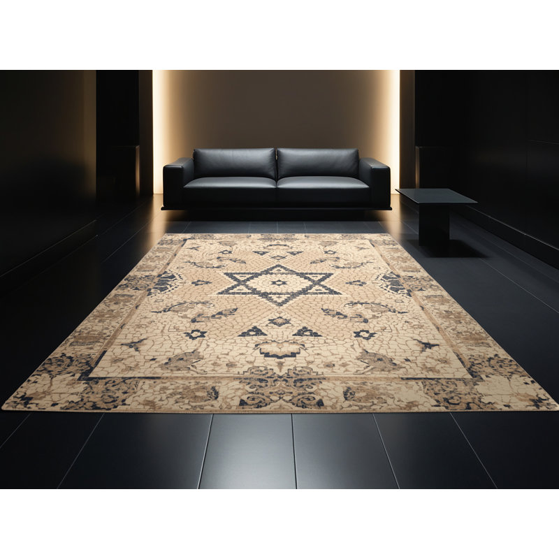 Tapis brun et beige à motif abstrait moderne et contemporain lavable à la machine Hanoukka Ritner, 7x9