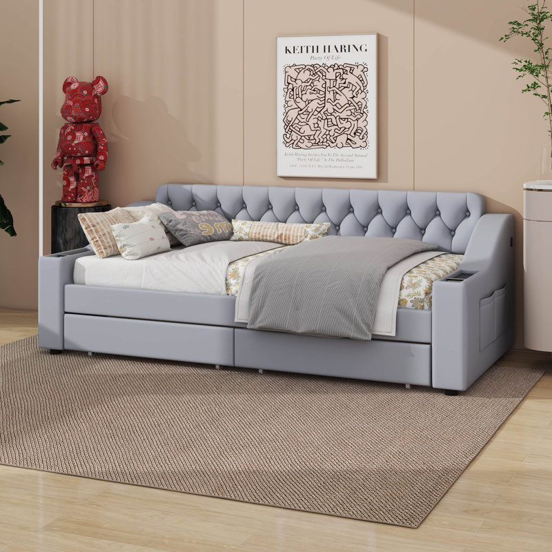 Lit de jour simple rembourré avec accoudoirs de rangement et port USB, Gris
