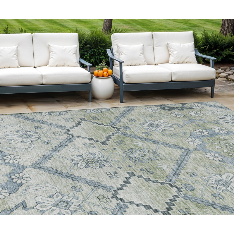Tapis extérieur lavable floral 8 po x 10 po vert denim et artichaut