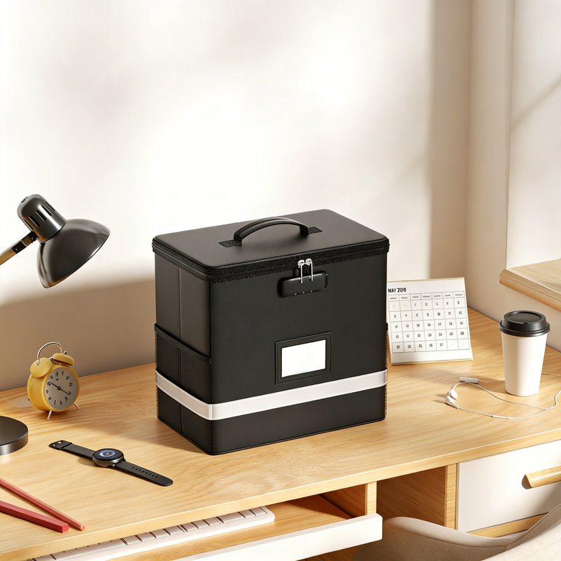 Fireproof File Box 12.2''X6''x10.2'' Black Document Storage Organizer With Lock Collapsible Reflective Strip