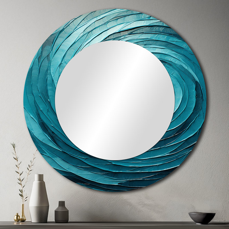 Teal Twisting Tranquility Spiral II - Abstract Spirals Mirror, Blue Round Unique Wall Mirror, Printed Metal Art, 36" x 36"