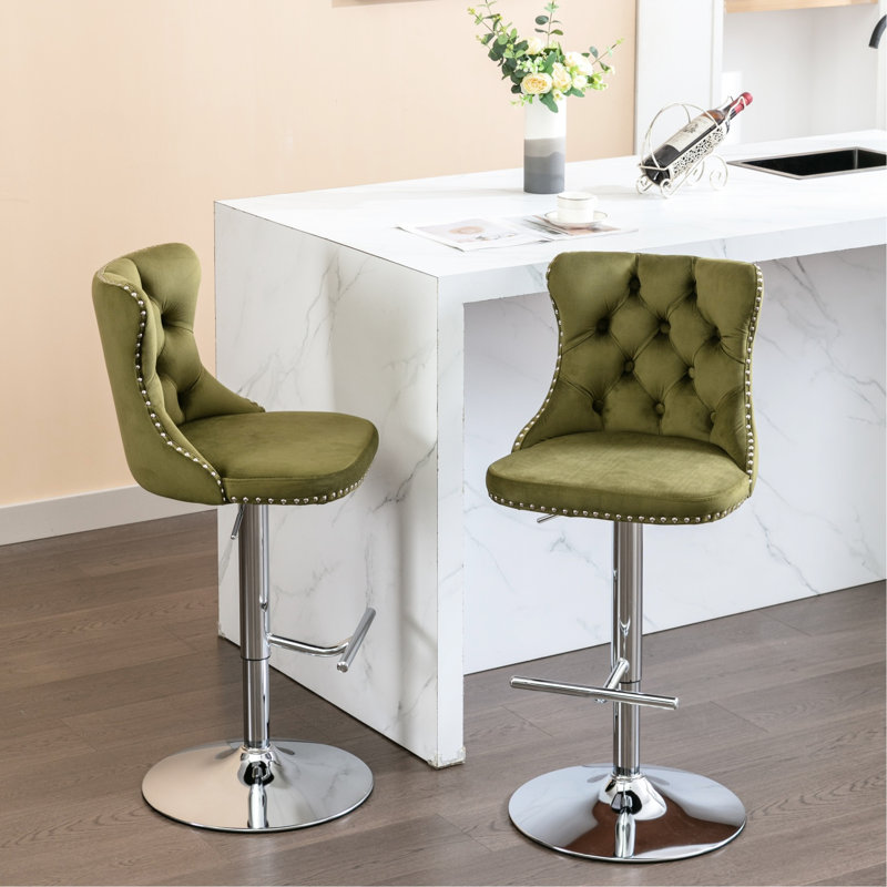 Velours, pivotant à 360 °, siège réglable de 25 à 33 po, olive, 2 pour pub pour îlot de cuisine et velours à hauteur pivotante, 2 pièces