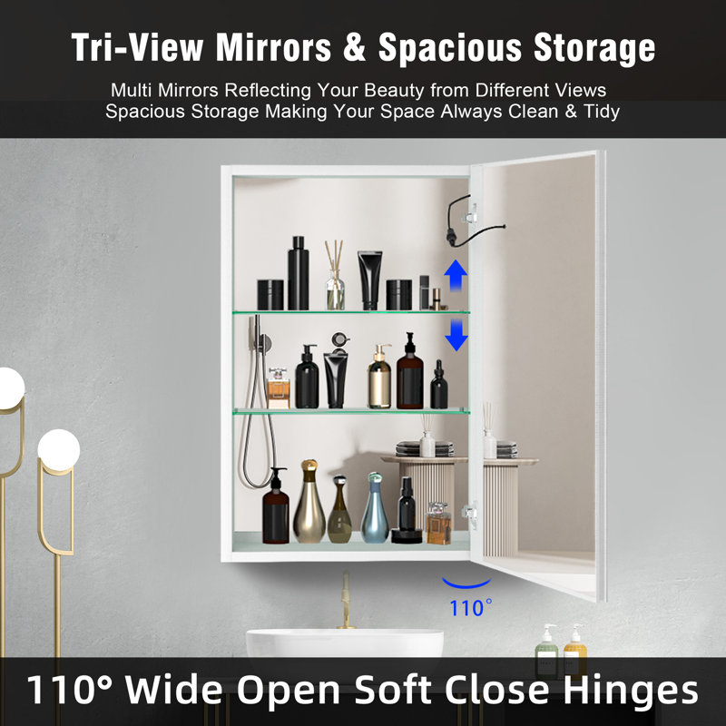 20'' W 29.5'' H Surface Mount Frameless Medicine Cabinet with Mirror and 2 Adjustable Shelves, Right