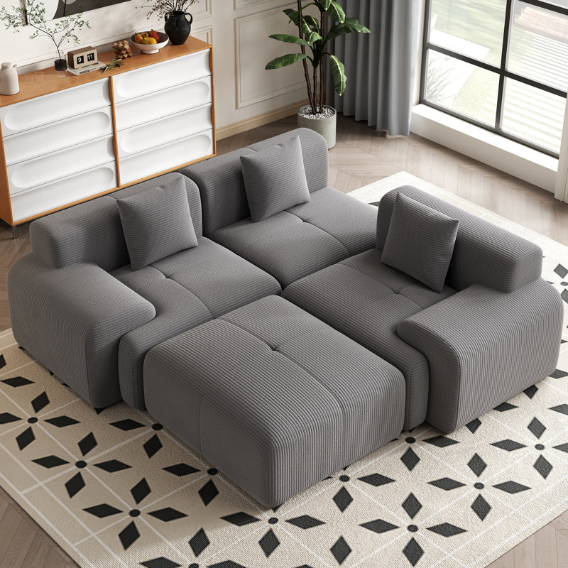 Boneless 120''W Mordern Design L Shpaed Corduroy Sectional Sleeper Compression Sofa With Ottoman, Gray