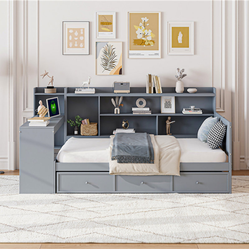 Twin Size Wooden Daybed With 3 Drawers, USB Ports And Desk, Twin, Gray