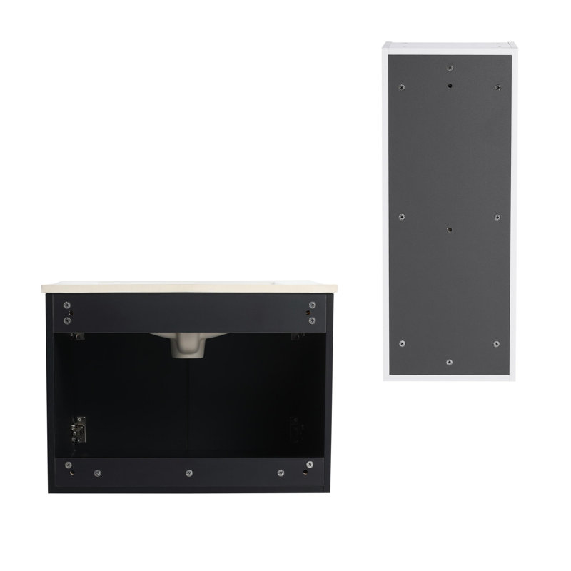 Meuble-lavabo mural de 24 pouces de qualité minimaliste avec lavabo en céramique et armoires latérales