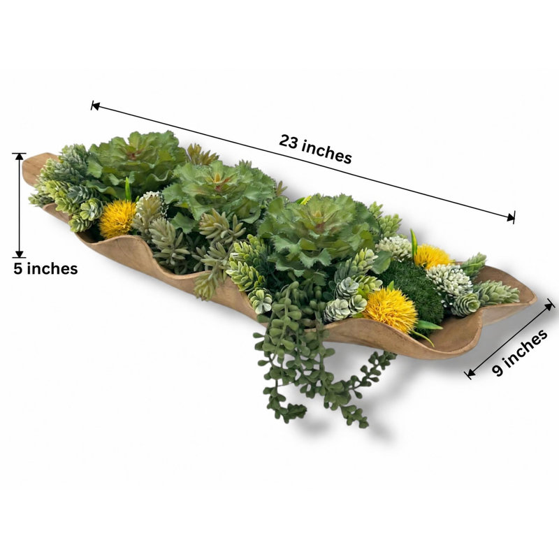 Arrangement de plantes grasses Walnut Grove | Vase en bois en forme de feuille, centre de table rustique moderne