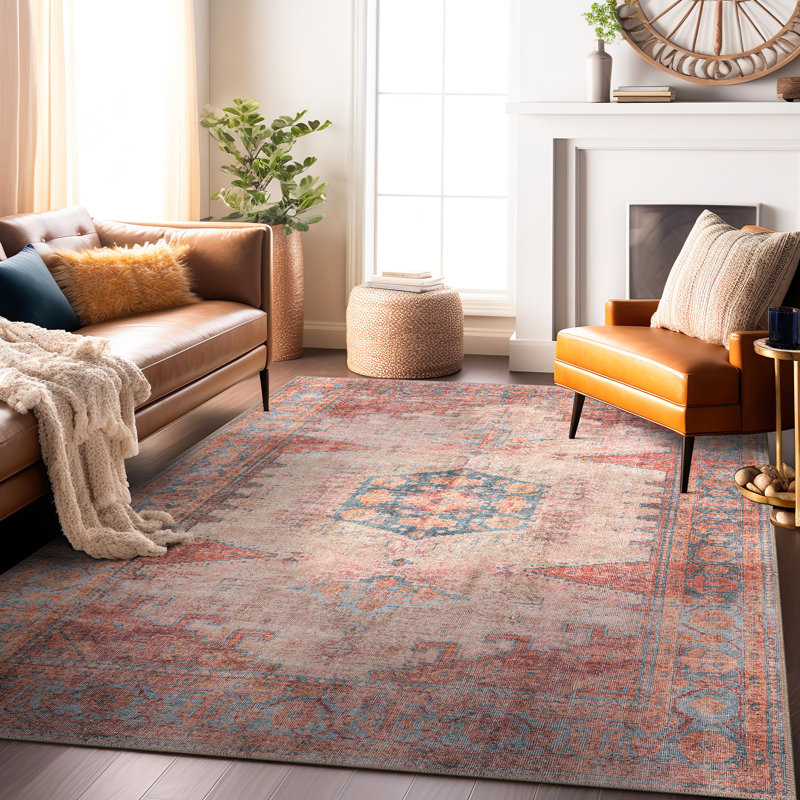 Griffey Vintage Boho Machine Washable Red/Blue Non-Slip Backing Area Rug, Rectangle 9' x 12'