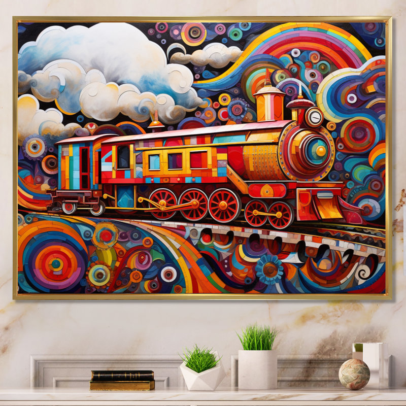 «Abstract Train Whimsical Journey III», reproduction sur toile, Cadre flottant doré, H 24 po x l 32 po x P 1 po