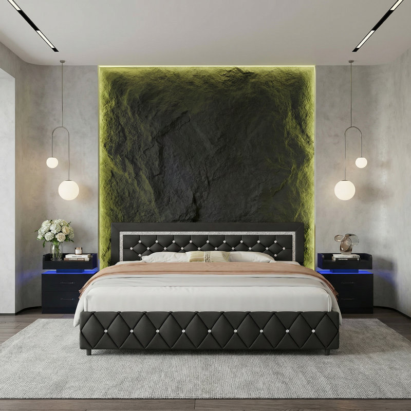 3-Piece Bedroom Sets,With Faux Leather Diamond Tufted Platform Bed  And LED Nightstand, Black, King