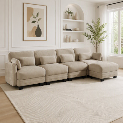 Modular Sectional Sofa with Channel Tufting and Movable Ottomans