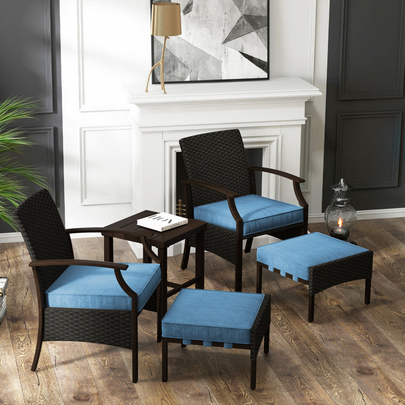Ensemble de conversation en rotin 5 pièces avec coussins Ethelbert, Structure gris foncé / coussin bleu paon